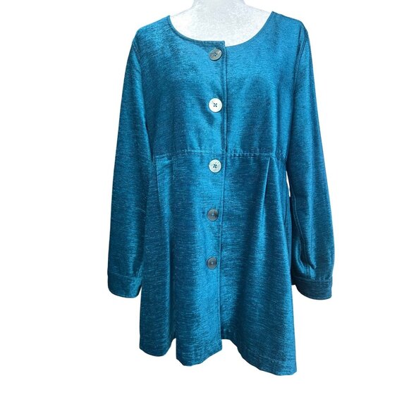 Soft Surroundings Chenille Velvet Button Down Tunic Top Large Peplum Teal Artsy - Picture 1 of 11